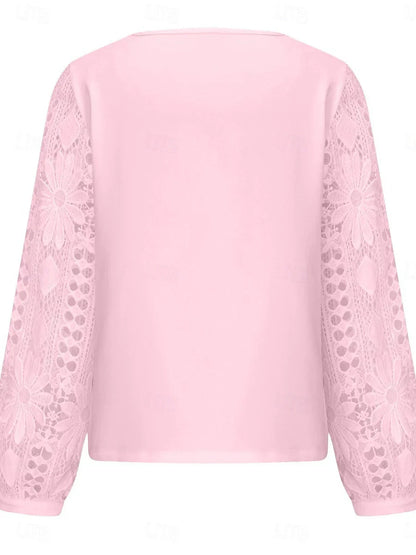 Elegante weiße Spitzenbluse für Damen mit Lochstickerei, lässige einfarbige Bluse mit langen Ärmeln, asymmetrischer Spitzen-Patchwork-Verzierung, normale Passform, für den Alltag, in Schwarz, Weiß und Rosa, romantische Petite-Bluse, Sommer-Urlaubsmode